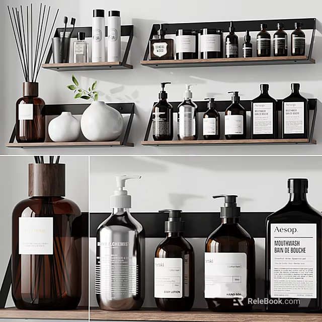 Perfume Cosmetics Display With Brown Glass Bottles White Labels And Wooden Shelves 3d model 