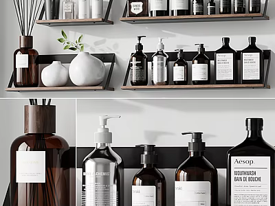 Perfume Cosmetics Display With Brown Glass Bottles White Labels And Wooden Shelves 3d model