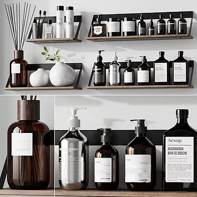 Perfume Cosmetics Display With Brown Glass Bottles White Labels And Wooden Shelves 3d model