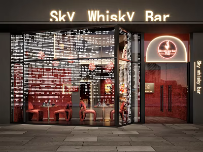 Skv WhiskV Bar Facade with Perforated Text Glass Wall Neon Sign and Red Seats 3d model