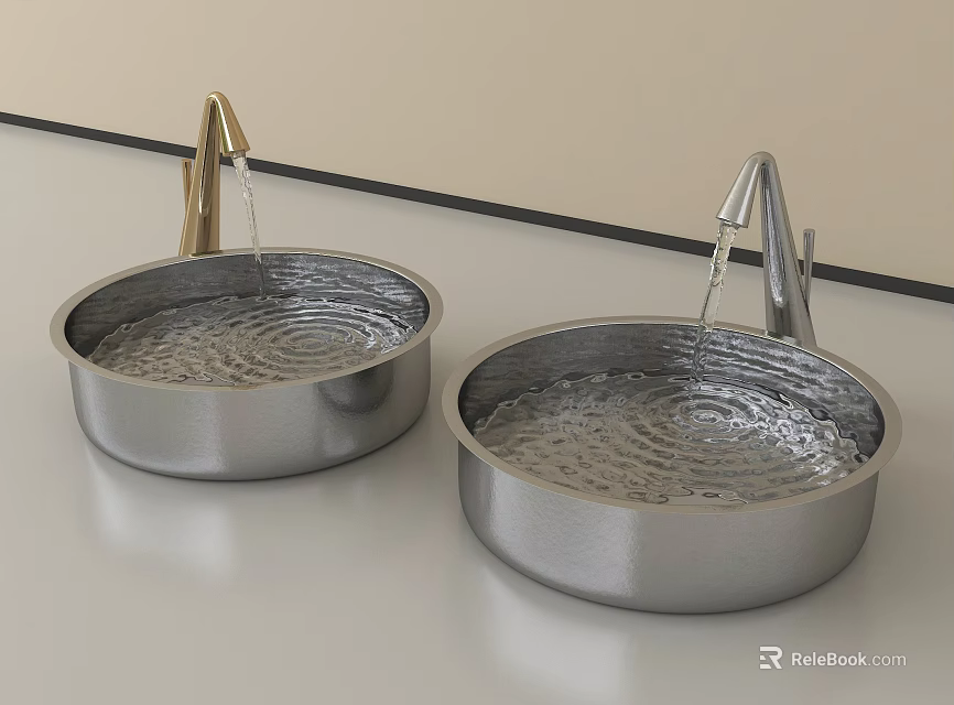 Two Modern Metal Washbasins With Gold And Silver Faucets And Running Water 3d model 