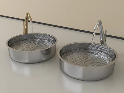 Two Modern Metal Washbasins With Gold And Silver Faucets And Running Water 3d model