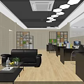 Modern Public Office Space Interior With Black Leather Sofas Coffee Table Work Desks And Bookshelves