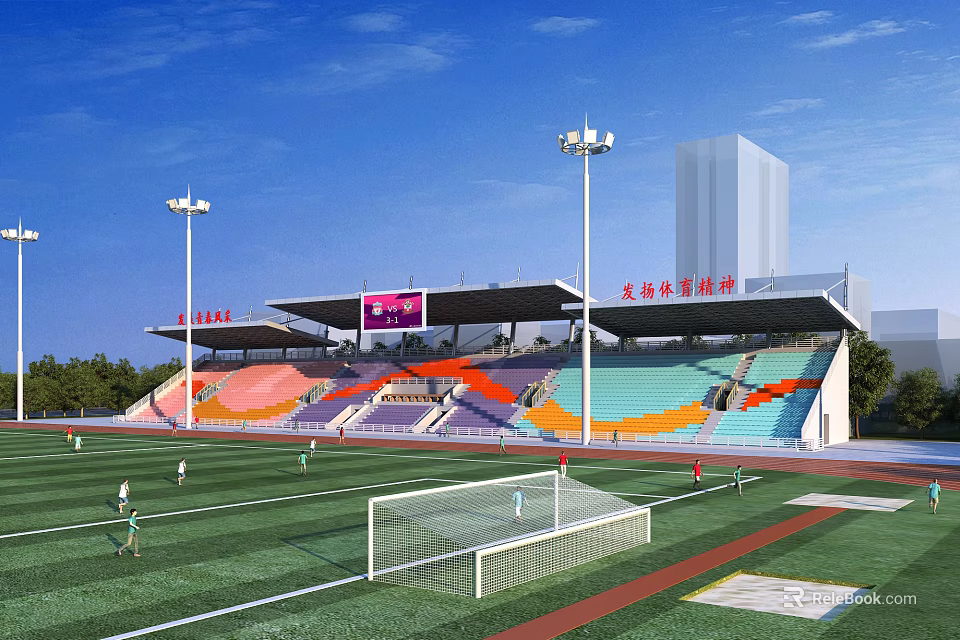 Sports Stadium With Colorful Seats Football Pitch Running Track And Floodlights 3d model 
