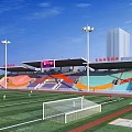 Sports Stadium With Colorful Seats Football Pitch Running Track And Floodlights