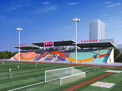 Sports Stadium With Colorful Seats Football Pitch Running Track And Floodlights 3d model