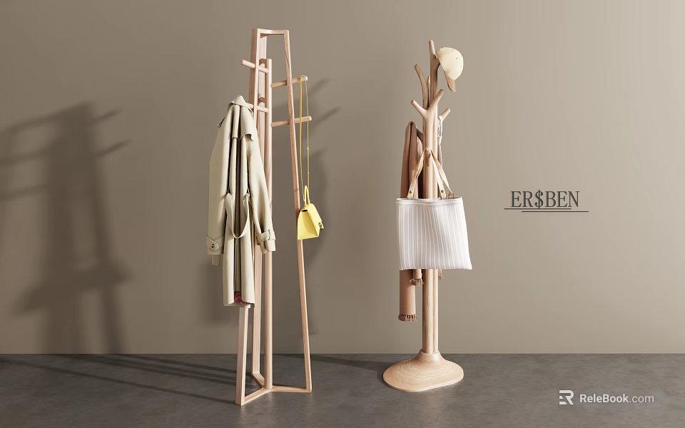 Minimalist Wooden Clothes Racks With Tree Shaped Design And Hanging Coats Bags For Indoor Use 3d model 