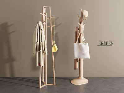 Minimalist Wooden Clothes Racks With Tree Shaped Design And Hanging Coats Bags For Indoor Use 3d model