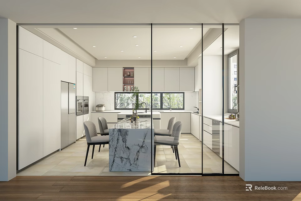 Modern Kitchen Interior With White Cabinets Marble Island Glass Sliding Doors And Dining Chairs 3d model 