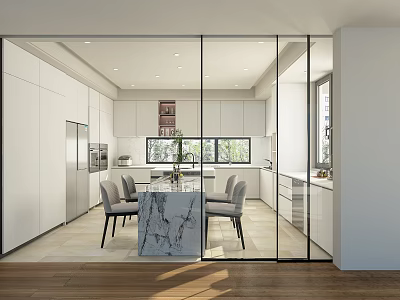 Modern Kitchen Interior With White Cabinets Marble Island Glass Sliding Doors And Dining Chairs 3d model