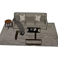 Plaid Pattern Two Seater Sofa With Pillows Blanket Coffee Table And Grey Rug 3d model