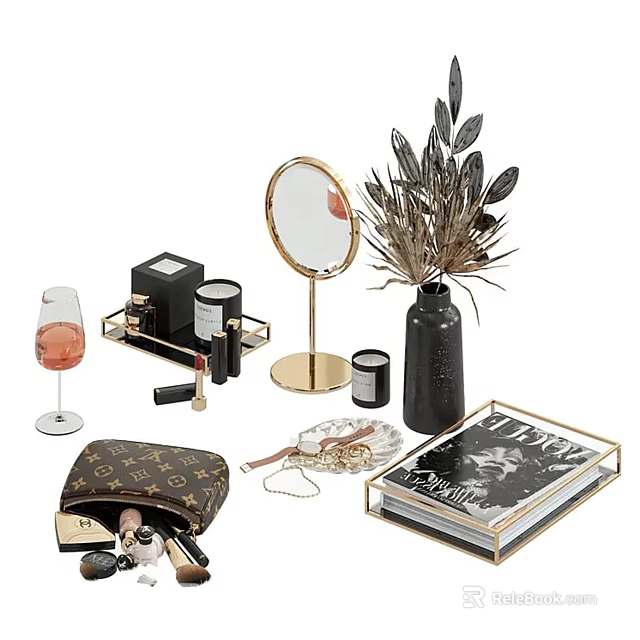 Perfume and Cosmetics Styled with Vanity Mirror Luxury Handbag Fashion Book and Decorative Plants 3d model 