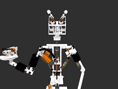 Lego Style Game Movie Character Robot With Insect Head White Black Orange Color And Plate 3d model