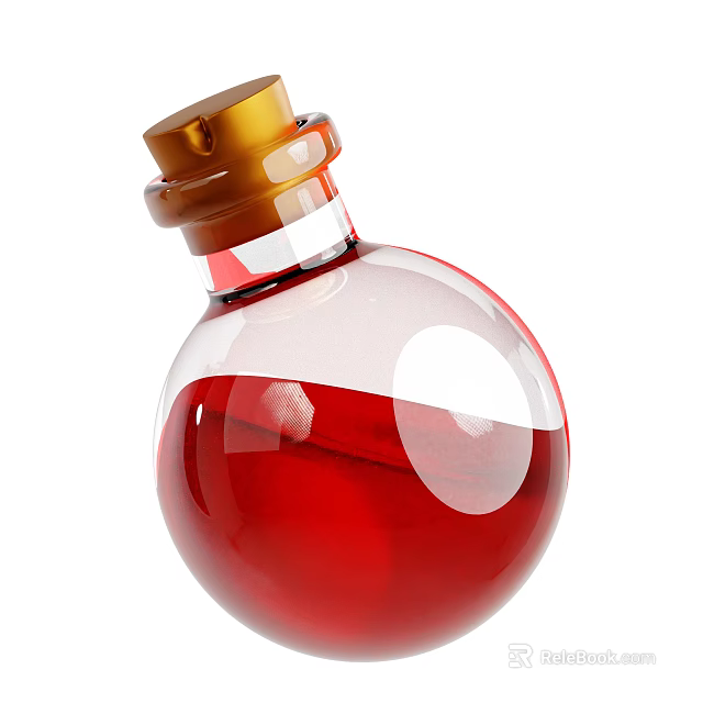 Glass Bottle With Red Liquid And Golden Cap In Round Shape 3d model