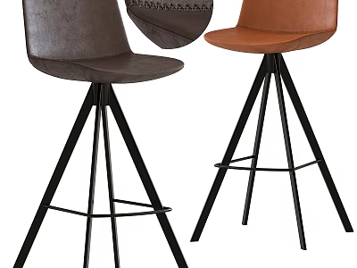 Brown And Dark Brown Leather Bar Stool With Black Metal Legs And Stitched Backrest 3d model
