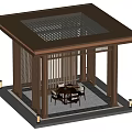 Modern Landscape Pavilion With Wooden Frame Square Grid Roof And Interior Table Chairs