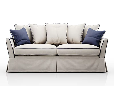 Beige Upholstered Two Seater Sofa With Blue Accent Pillows And Skirted Design 3d model