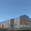 Modern Industrial Factory Building Exterior Featuring Gray White Walls Windows Entrance And Lawn Trees