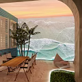 Sunset Beach Themed Restaurant With Arched Design Palm Trees Wooden Tables And Outdoor Seating