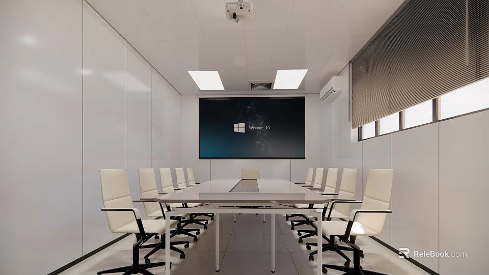 Modern Conference Room With Long Table White Chairs Large Screen And Recessed Lighting 3d model 