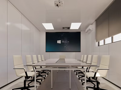 Modern Conference Room With Long Table White Chairs Large Screen And Recessed Lighting 3d model