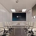 Modern Conference Room With Long Table White Chairs Large Screen And Recessed Lighting