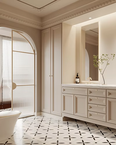 Elegant Modern Bathroom Interior With Beige Arched Glass Door White Vanity Mirror And Plant 3d model