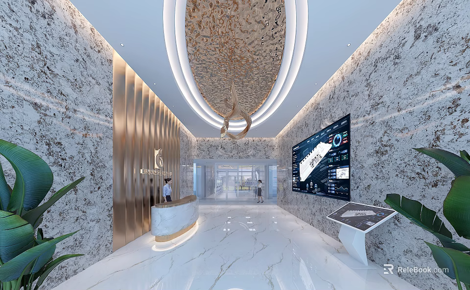 Modern Laboratory Interior With Marble Reception Digital Screens And Plants 3d model