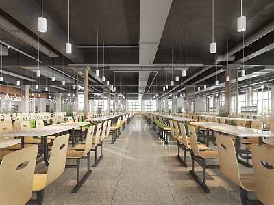 Spacious Cafeteria With Arranged Tables Chairs And Hanging Lights 3d model