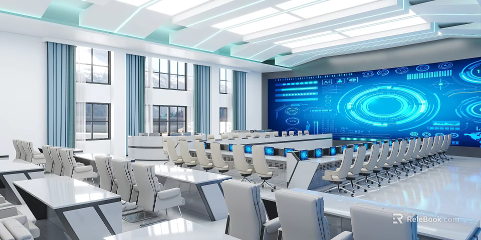 Modern Conference Room With Digital Blue Tech Display White Chairs Meeting Tables And Bright Lighting 3d model 