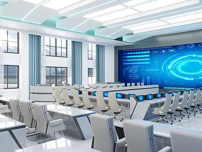 Modern Conference Room With Digital Blue Tech Display White Chairs Meeting Tables And Bright Lighting 3d model