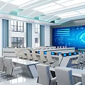 Modern Conference Room With Digital Blue Tech Display White Chairs Meeting Tables And Bright Lighting