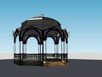 Classic Black Metal Gazebo With Arched Design Domed Roof And Decorative Railings 3d model