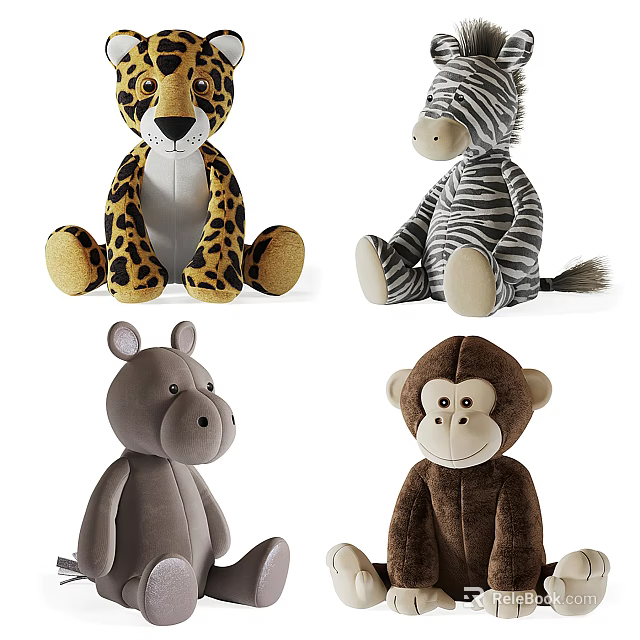Soft Plush Animal Dolls Leopard Zebra Hippo Monkey Cute Stuffed Toys 3d model 
