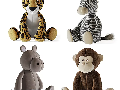 Soft Plush Animal Dolls Leopard Zebra Hippo Monkey Cute Stuffed Toys 3d model
