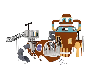 Colorful Children's Playground Structure With Slides Climbing Nets Platforms And Spaceship Design 3d model