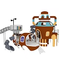Colorful Children's Playground Structure With Slides Climbing Nets Platforms And Spaceship Design