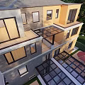 Modern Two Story Detached House Exterior With Large Windows Green Courtyard And Glass Roof