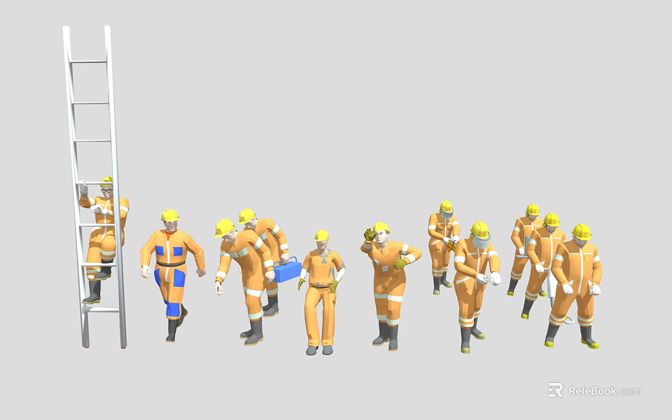 Workers In Orange Work Uniforms And Yellow Safety Helmets Near Ladder At Work Scene 3d model 