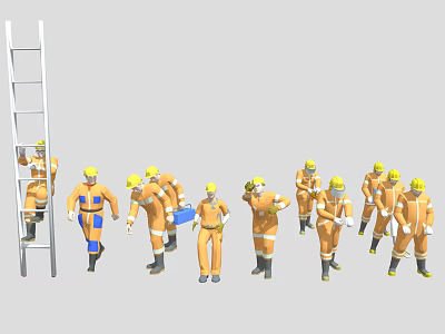 Workers In Orange Work Uniforms And Yellow Safety Helmets Near Ladder At Work Scene 3d model