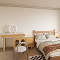 Modern Bedroom Interior With Wooden Bed Bedding Nightstand Lamp Window Plant And Checkered Rug