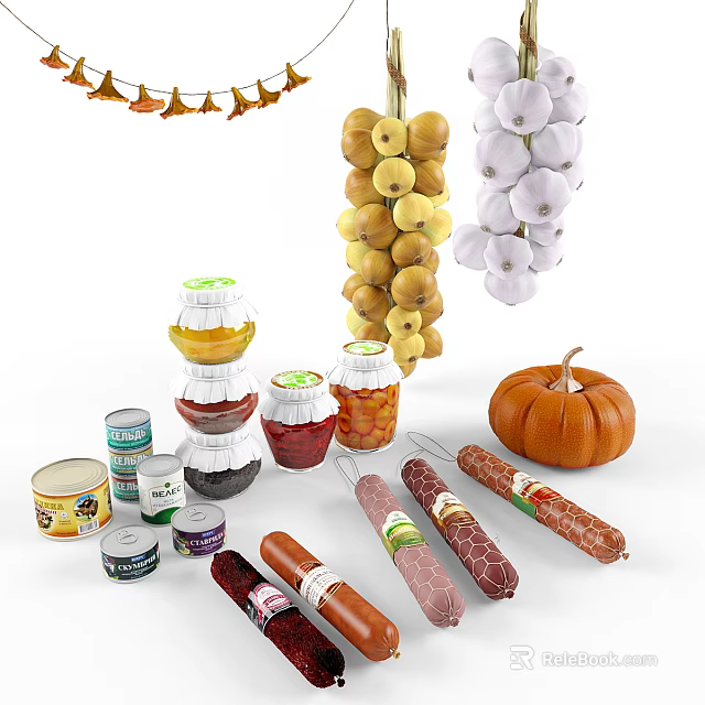 Assorted Food Items With Dried Fruits Grapes Garlic Preserved Jars Canned Goods Sausages And Pumpkin 3d model 