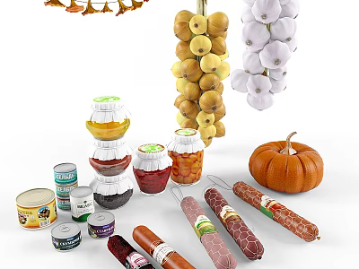Assorted Food Items With Dried Fruits Grapes Garlic Preserved Jars Canned Goods Sausages And Pumpkin 3d model
