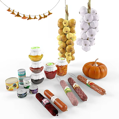 Assorted Food Items With Dried Fruits Grapes Garlic Preserved Jars Canned Goods Sausages And Pumpkin 3d model