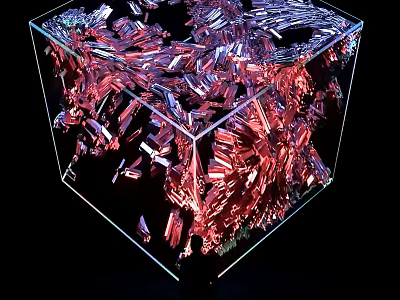 Vibrant Art Installation With Transparent Cube And Shimmering Red Blue Crystals 3d model