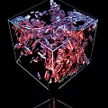 Vibrant Art Installation With Transparent Cube And Shimmering Red Blue Crystals