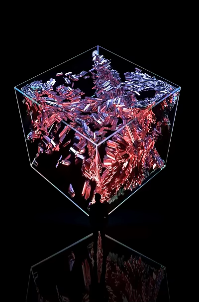 Vibrant Art Installation With Transparent Cube And Shimmering Red Blue Crystals 3d model
