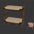 Wooden Bunk Bed Frame with Orange White Checkered Mattress and Matching Stool