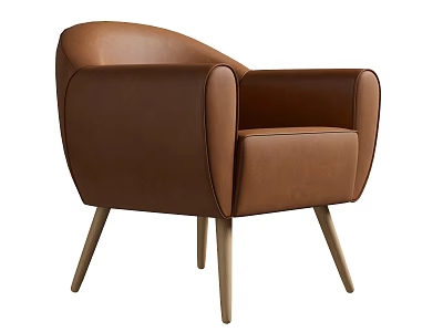 Stylish Brown Leather Leisure Chair With Armrests Modern Design And Wooden Legs 3d model