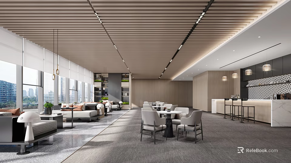 Modern Lounge Area Interior Design With Wooden Ceiling Comfortable Sofas Tables Bar Counter And Windows 3d model 